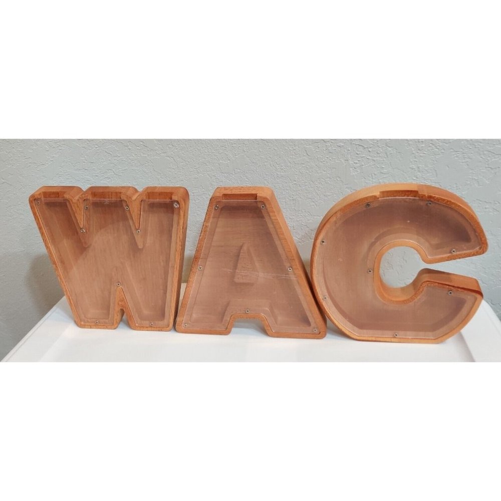 "A" "W" "C" Money Box Bank Wooden Piggy Saving Letter 3 Alphabet AWC Coin Gift